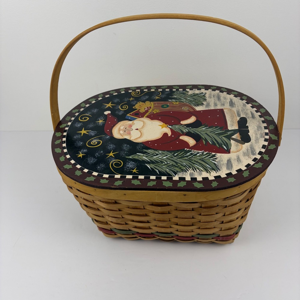 Santa Christmas Woven Basket Painted Lid Primitive Folk Art Holiday Decor